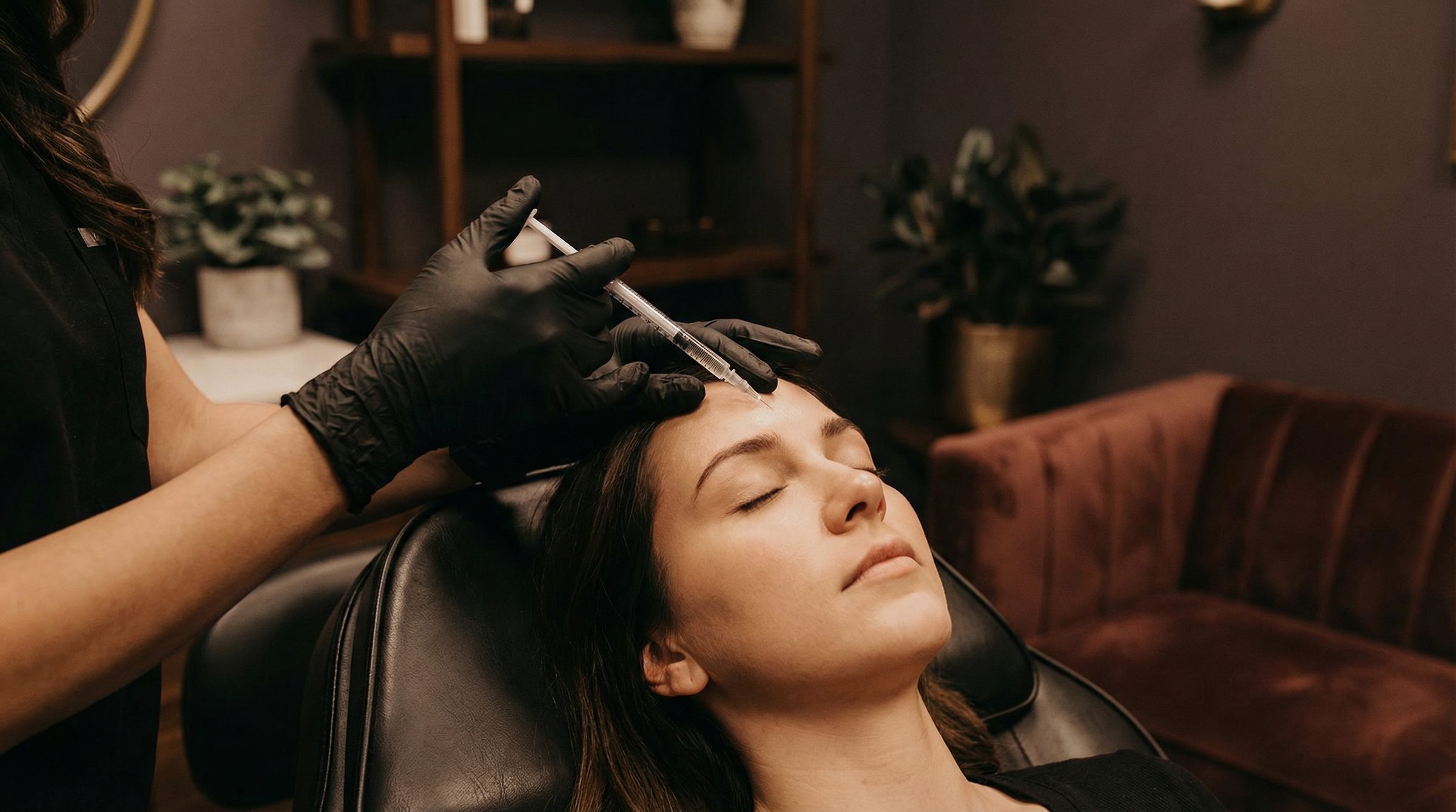 A practitioner in black gloves marking a reclining patient's forehead before an anti-wrinkle injection