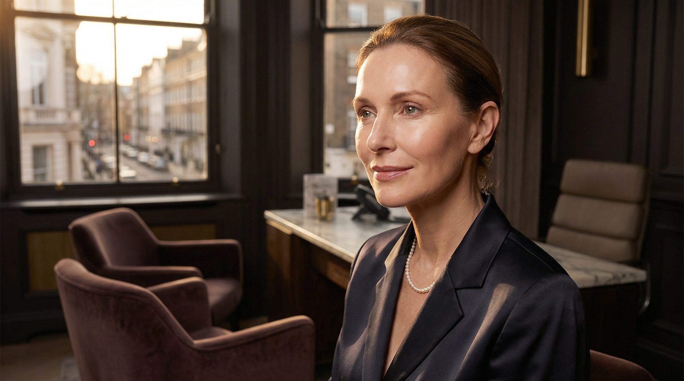 A woman in a dark blazer and pearls seated by a window that looks onto a London street