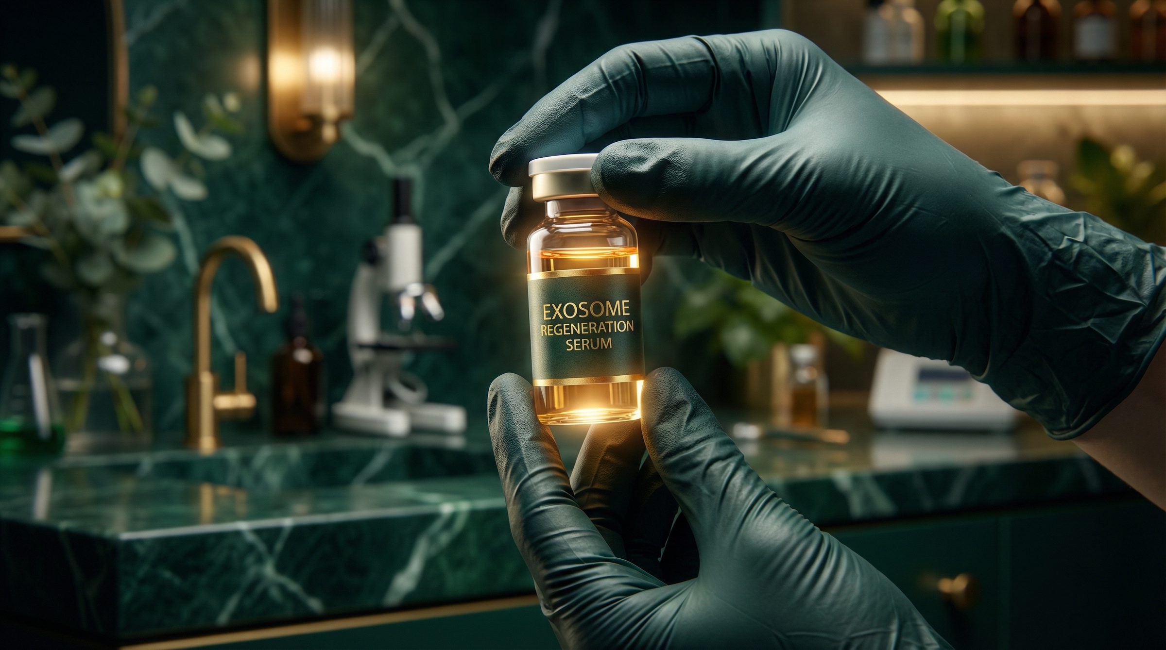 A gloved hand holding a small amber vial in a green marble clinic room, a microscope on the counter behind