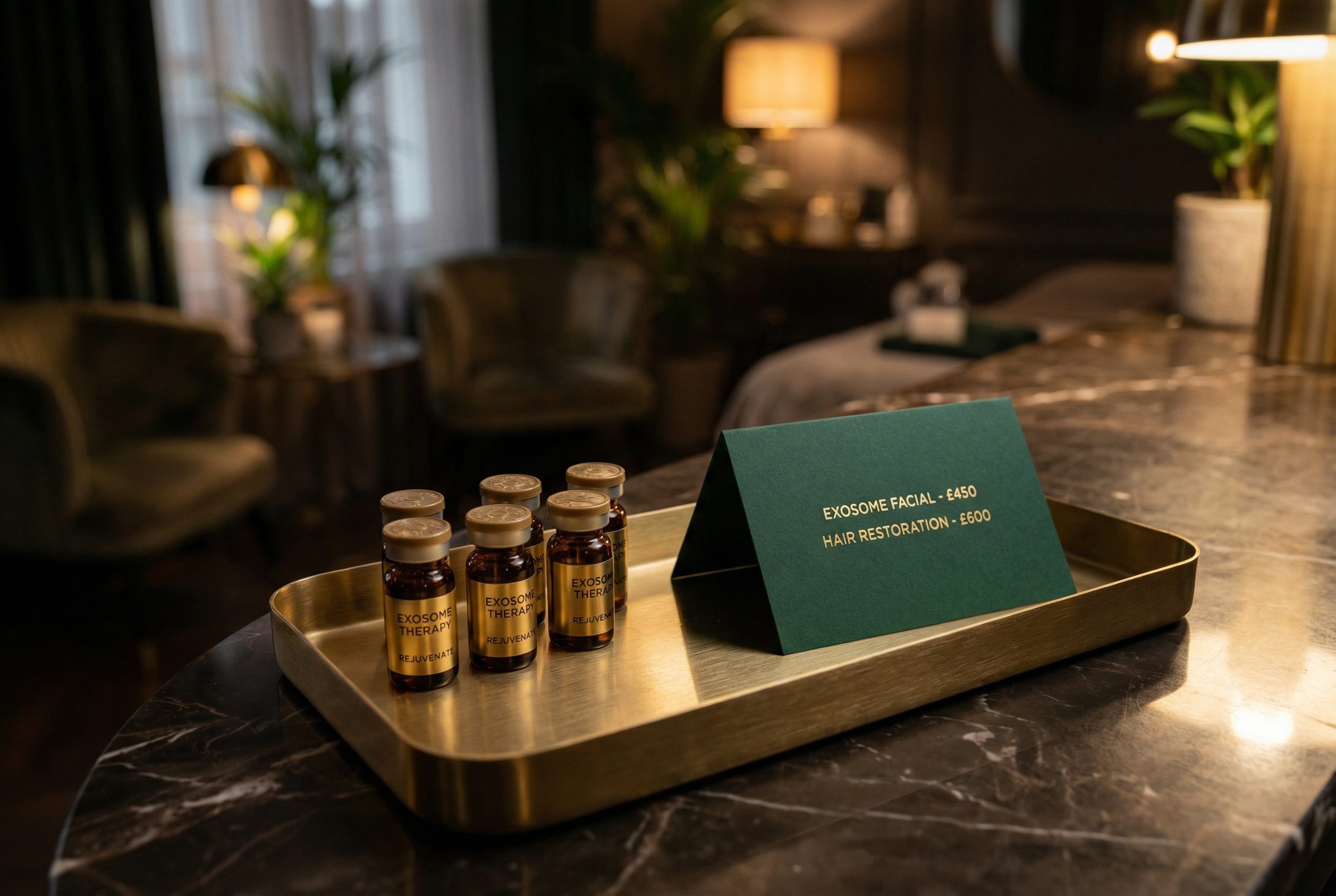 Amber vials on a brass tray beside a printed treatment price card, in a dark panelled clinic room