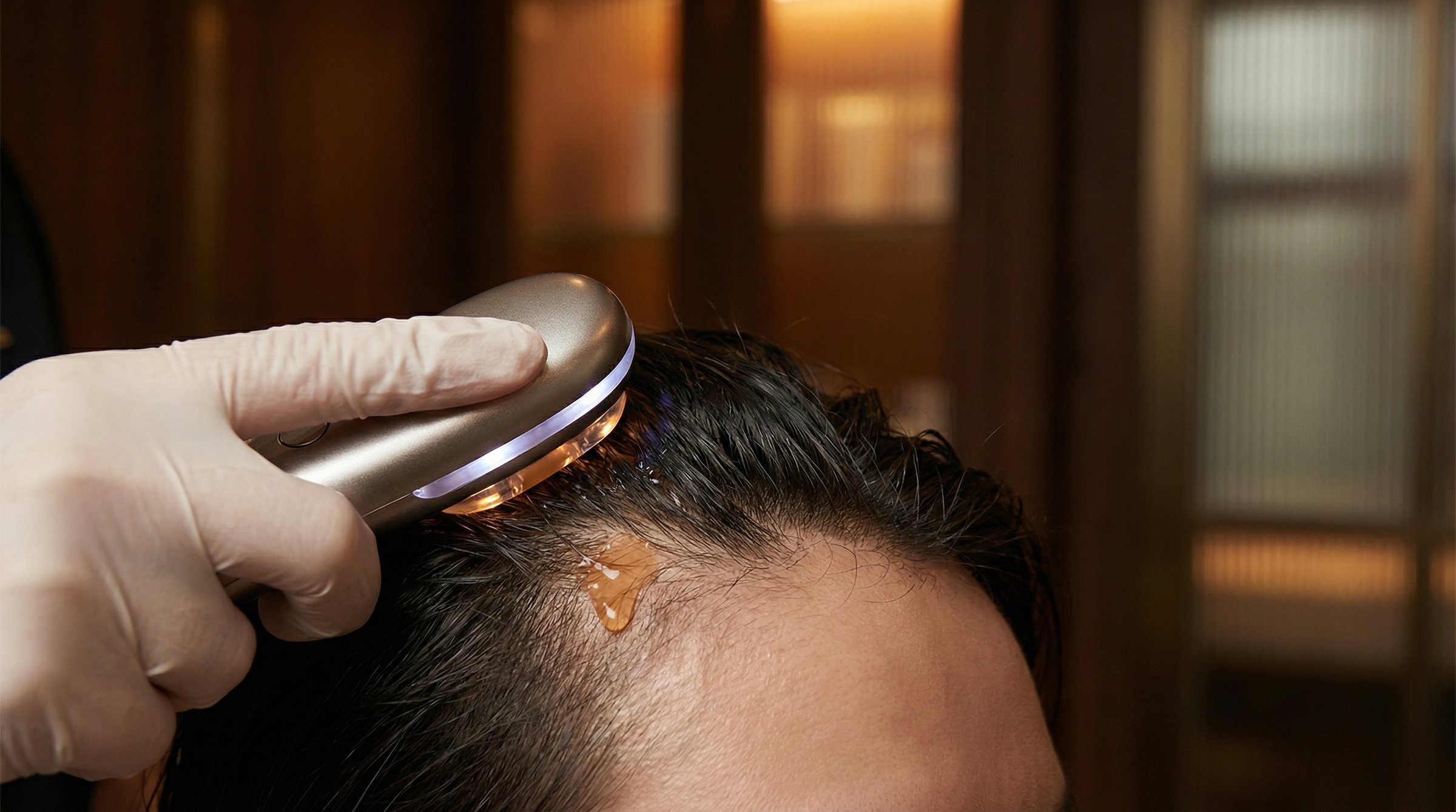 A gloved hand running a gold applicator through dark hair at the hairline, serum visible on the scalp