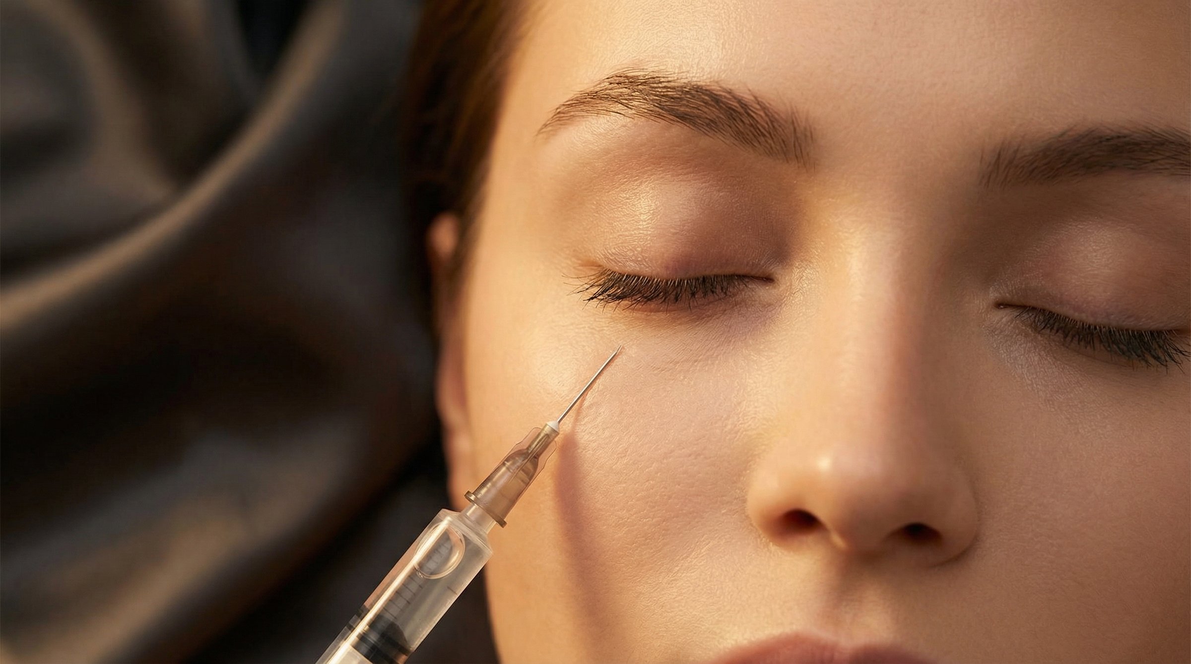 A fine needle held beside a closed eye, the under eye skin shown in macro