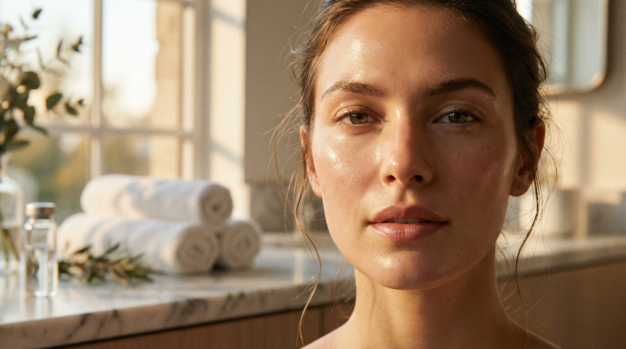A woman with bare, dewy skin by a window, rolled towels and greenery behind her