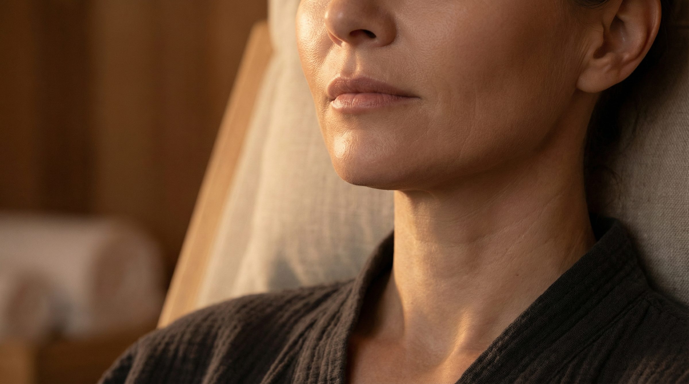 A woman's lower face and jaw in profile against a dark background, the skin softly lit