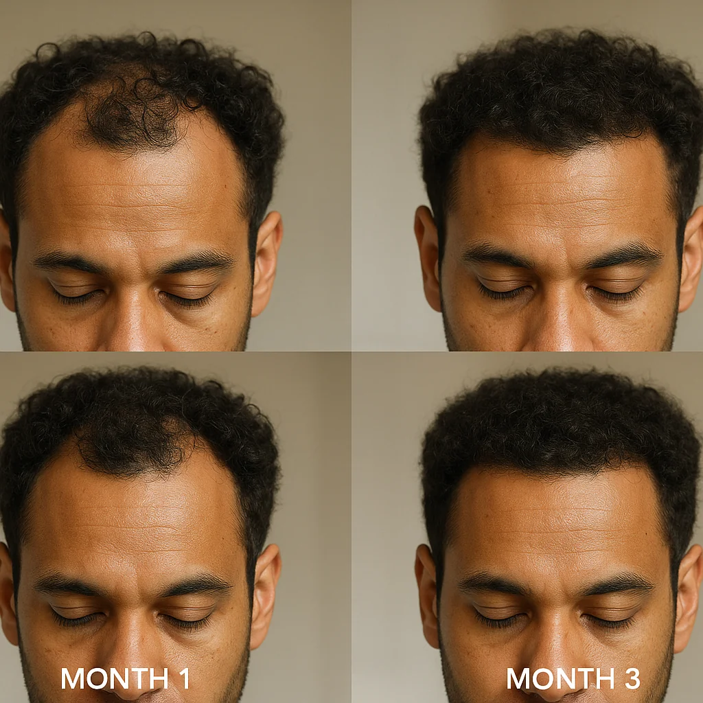 Exosome hair regeneration before and after showing full scalp coverage